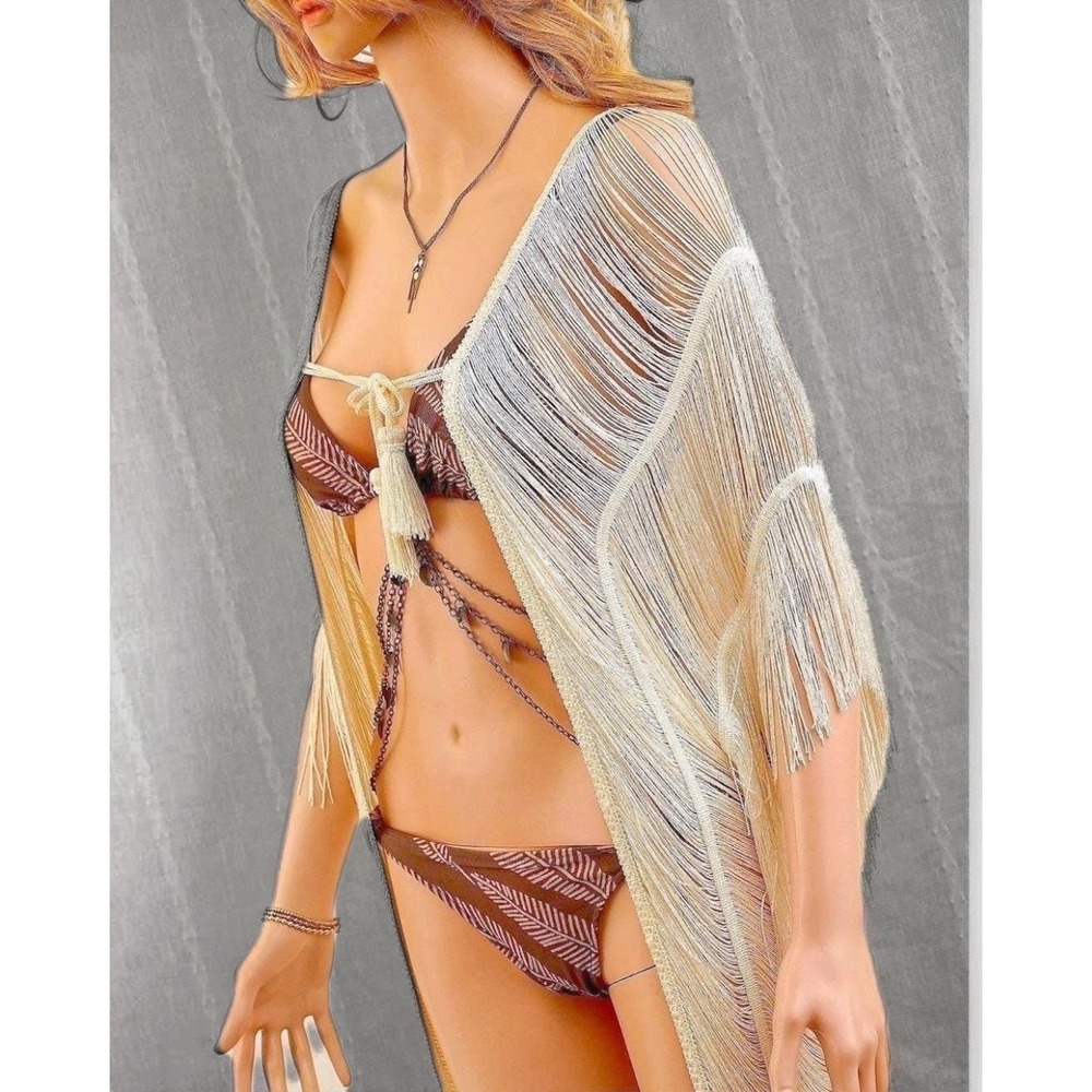 Bless‎ Cream Fringe Cover Up from Tulum with Tassel Tie Boho Coachella Beach